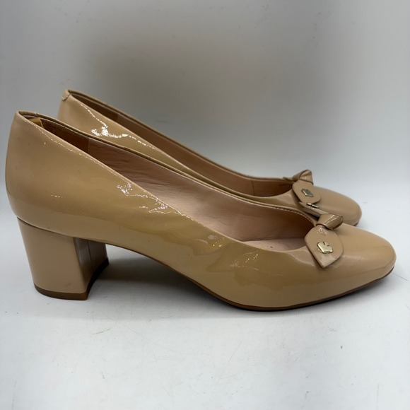 Kate Spade New York Shoes - Kate Spade New York Beige Patent Leather Bow Block Heel Pumps Size 7M